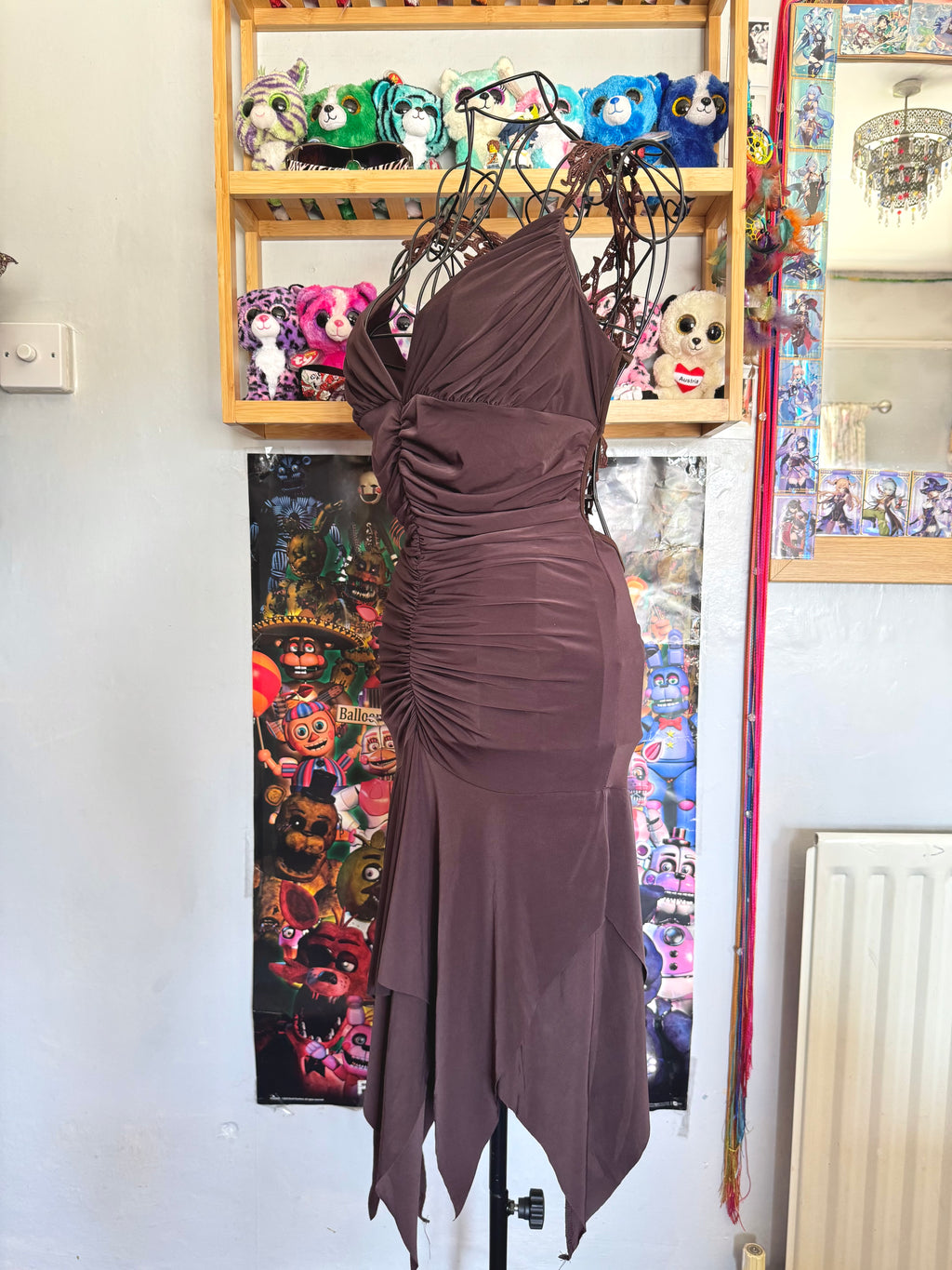 y2k vintage chocolate brown ruched fitted floral lace back fairycore mini dress