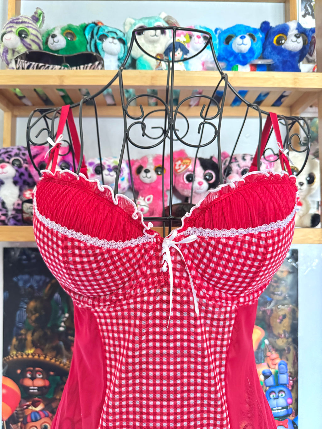 y2k vintage red and white gingham mesh babydoll cami top coquette
