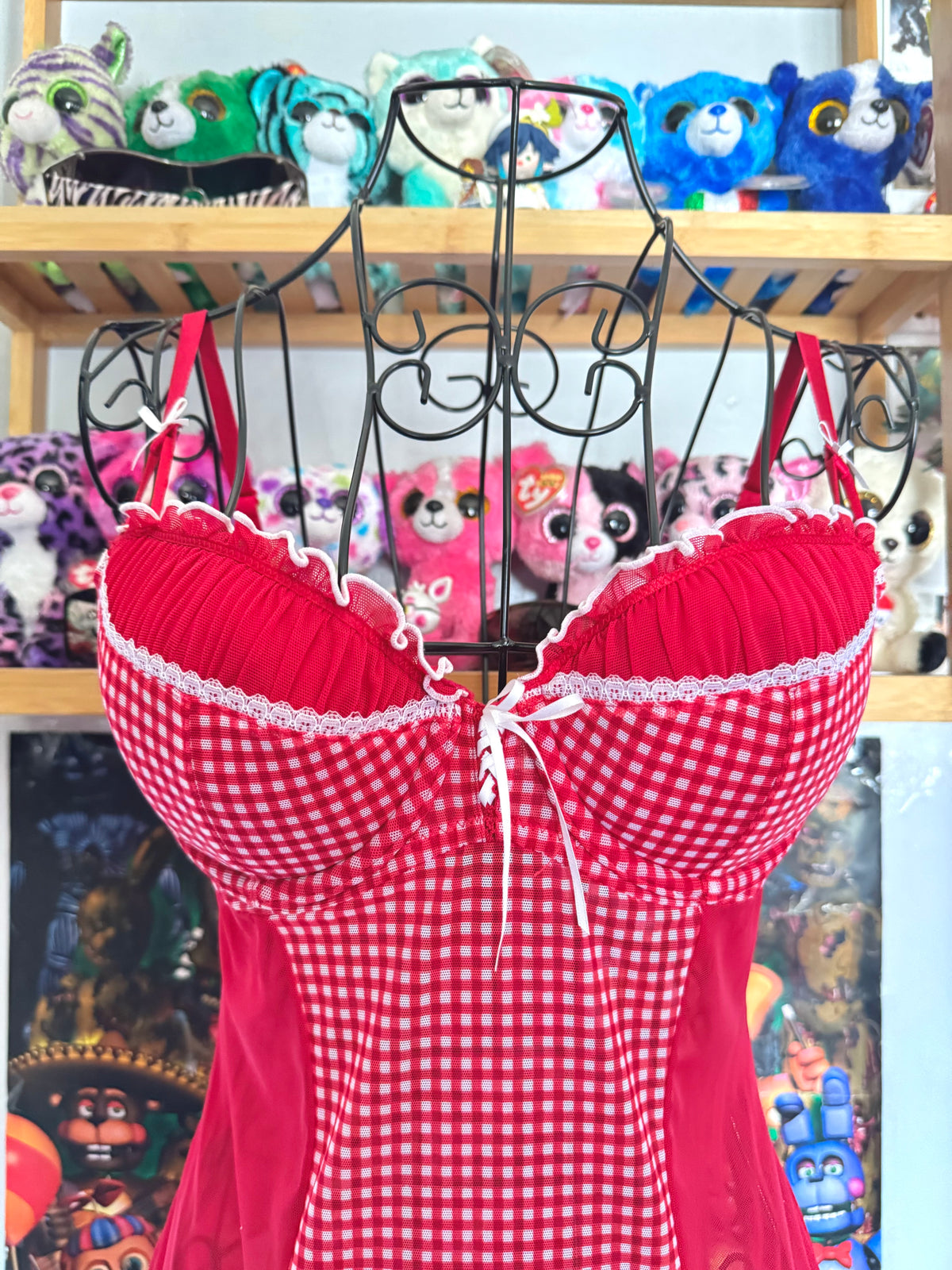 y2k vintage red and white gingham mesh babydoll cami top coquette