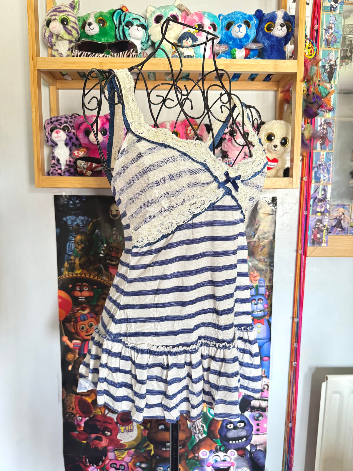y2k vintage sailor vibes striped blue and white ruffle bottom cami top with lace trimmings