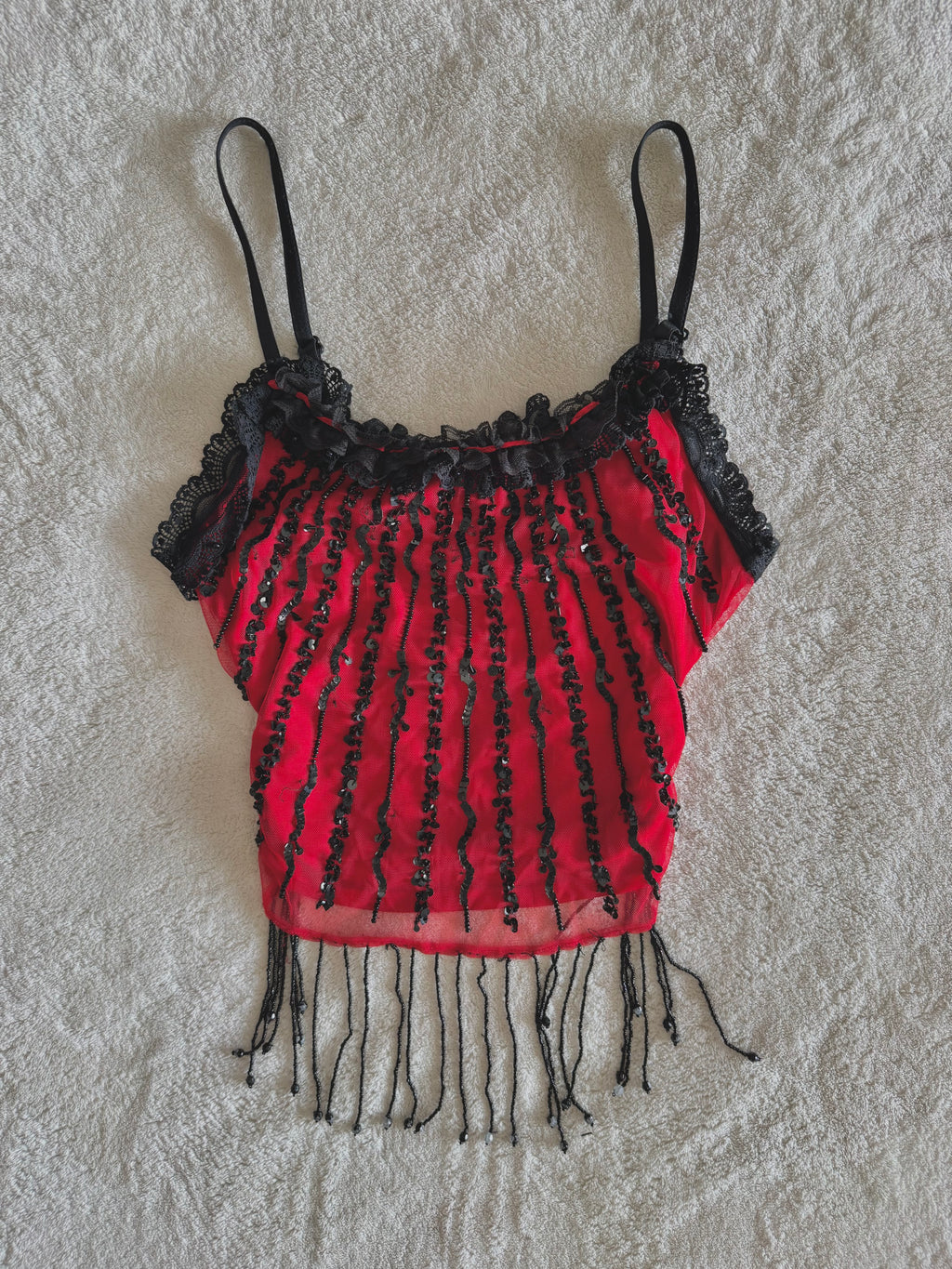 y2k vintage red fitted mesh cami top with black dangle beading and sequin embroidery