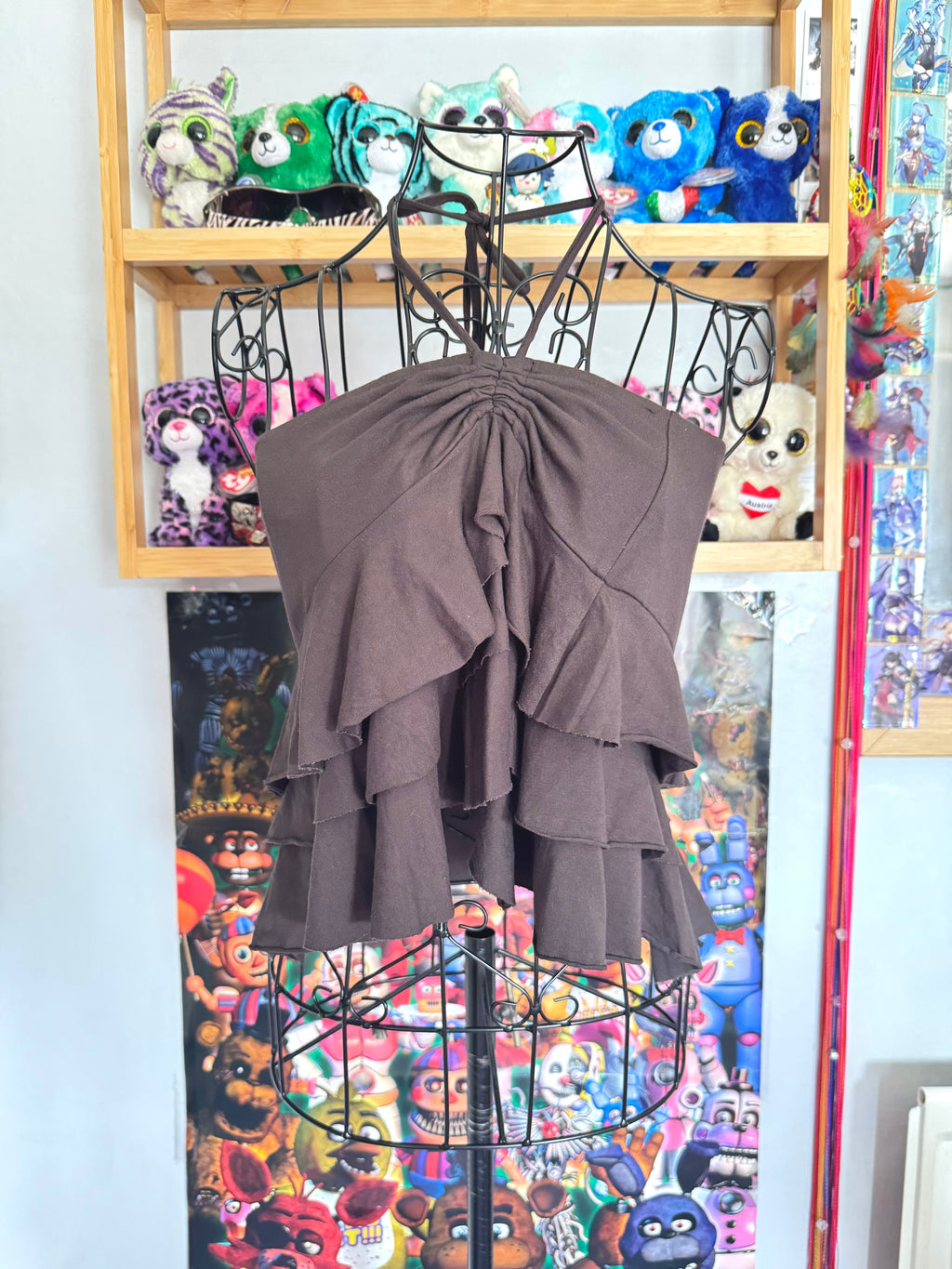 y2k vintage chocolate brown ruffle tiered mini skirt or floaty halter top fairycore