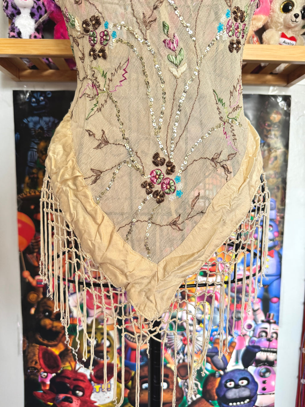 y2k vintage silk floral embroidery fitted halterneck top with lattice tassels festival western