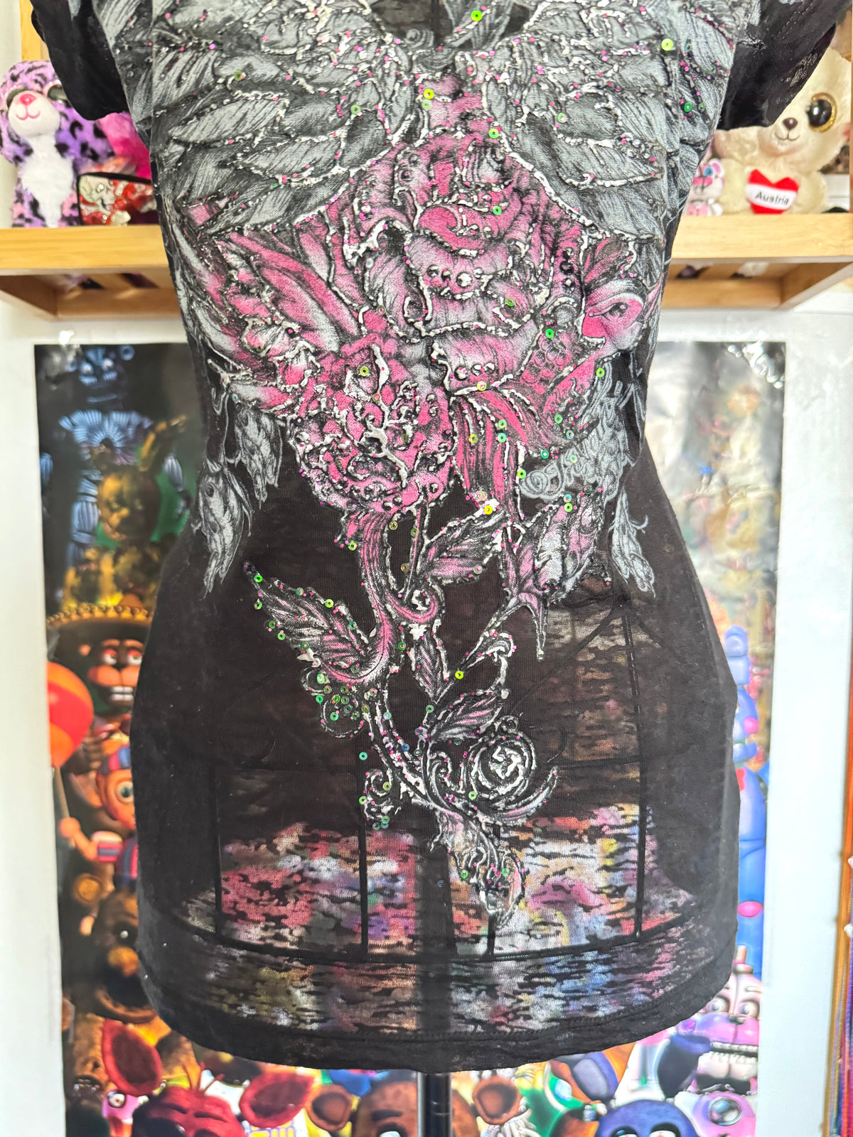 y2k vintage insane graphic angel wings print fitted sheer tee