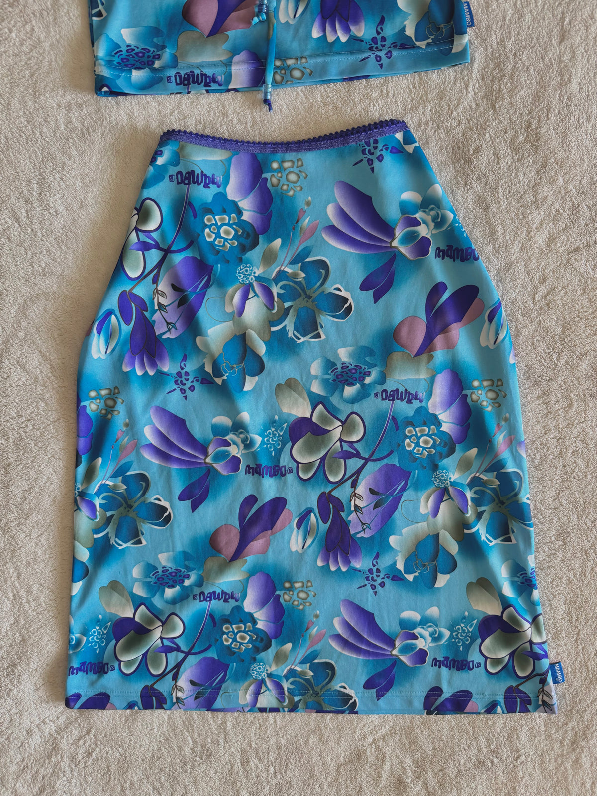 y2k vintage aqua blue h2o floral print two piece midi skirt and cami top set
