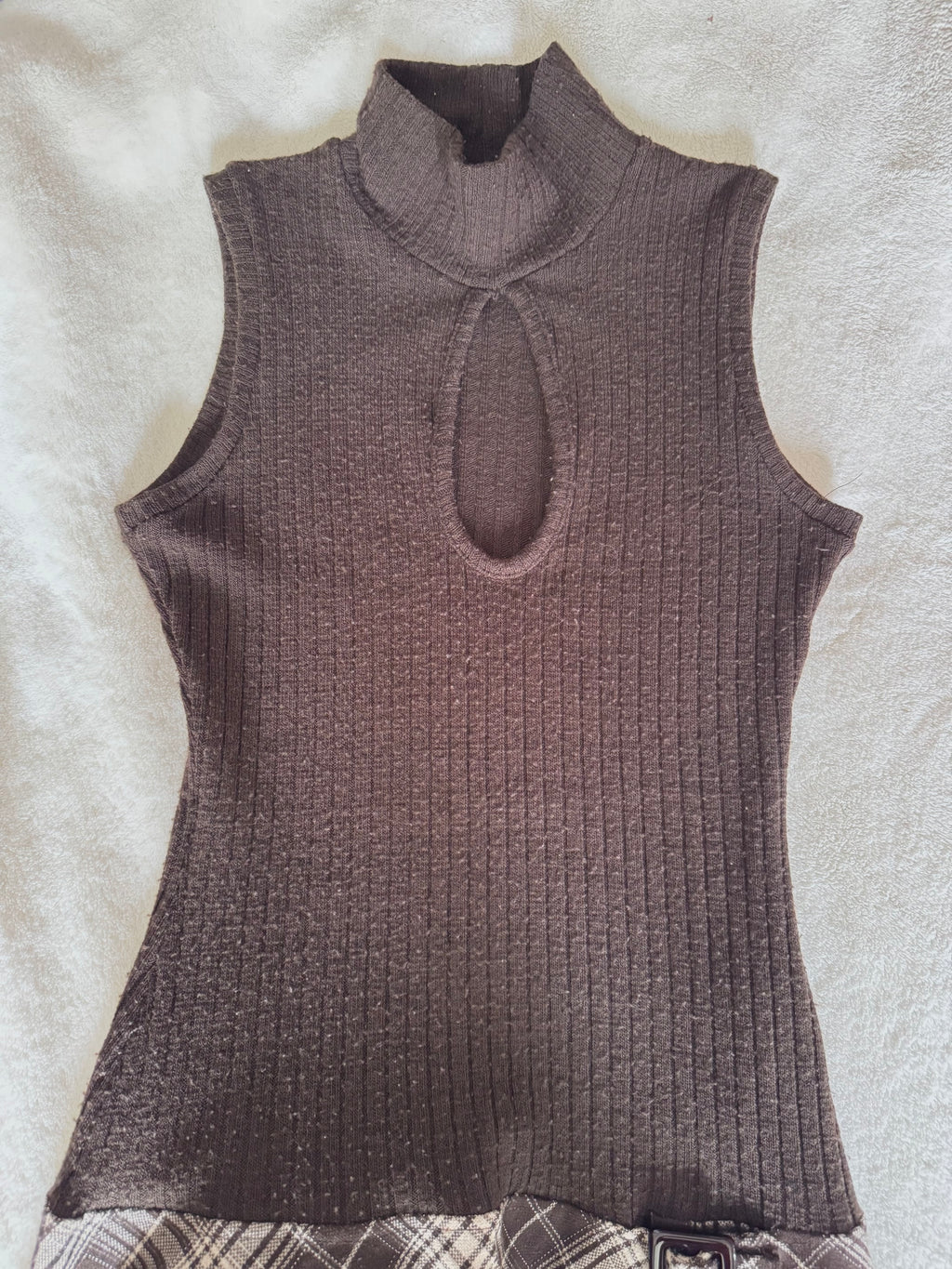 y2k vintage chocolate brown sleeveless fitted pleated mini dress with plaid and chest cut out