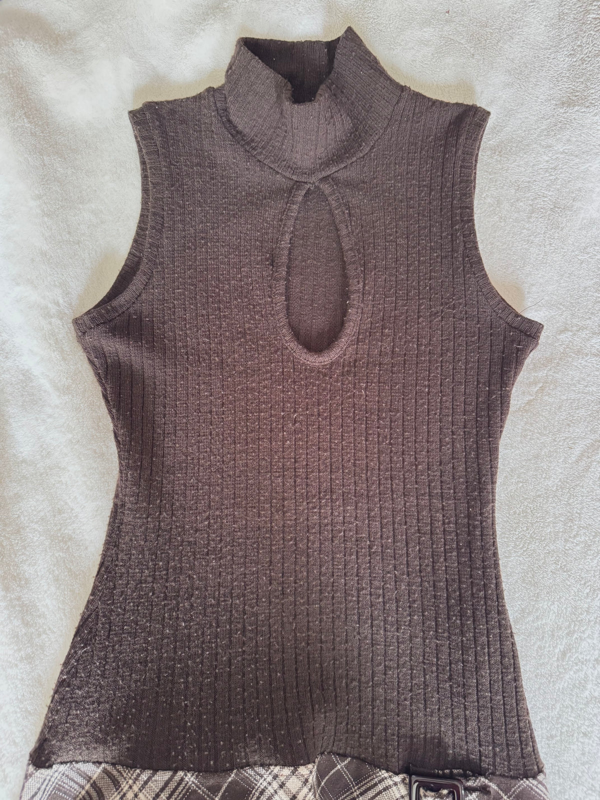 y2k vintage chocolate brown sleeveless fitted pleated mini dress with plaid and chest cut out
