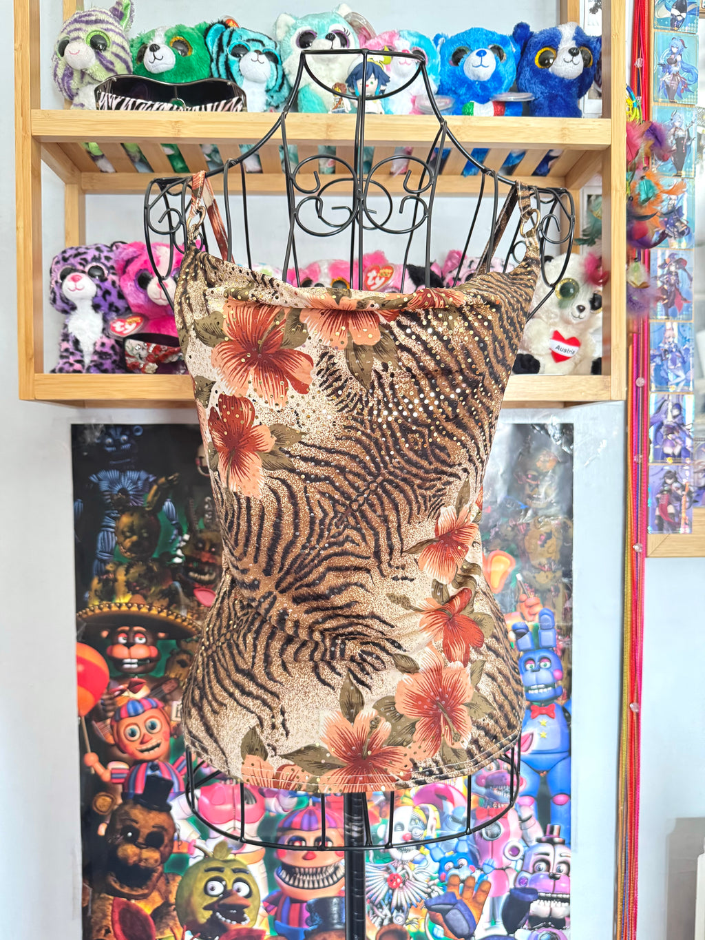 y2k vintage cowl neck fitted earthy vest top with mixed floral and animal print