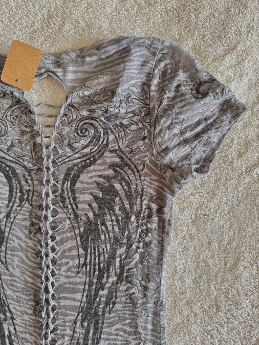 y2k vintage sheer graphic wings fitted tee with rhinestone embellishments affliction mcbling