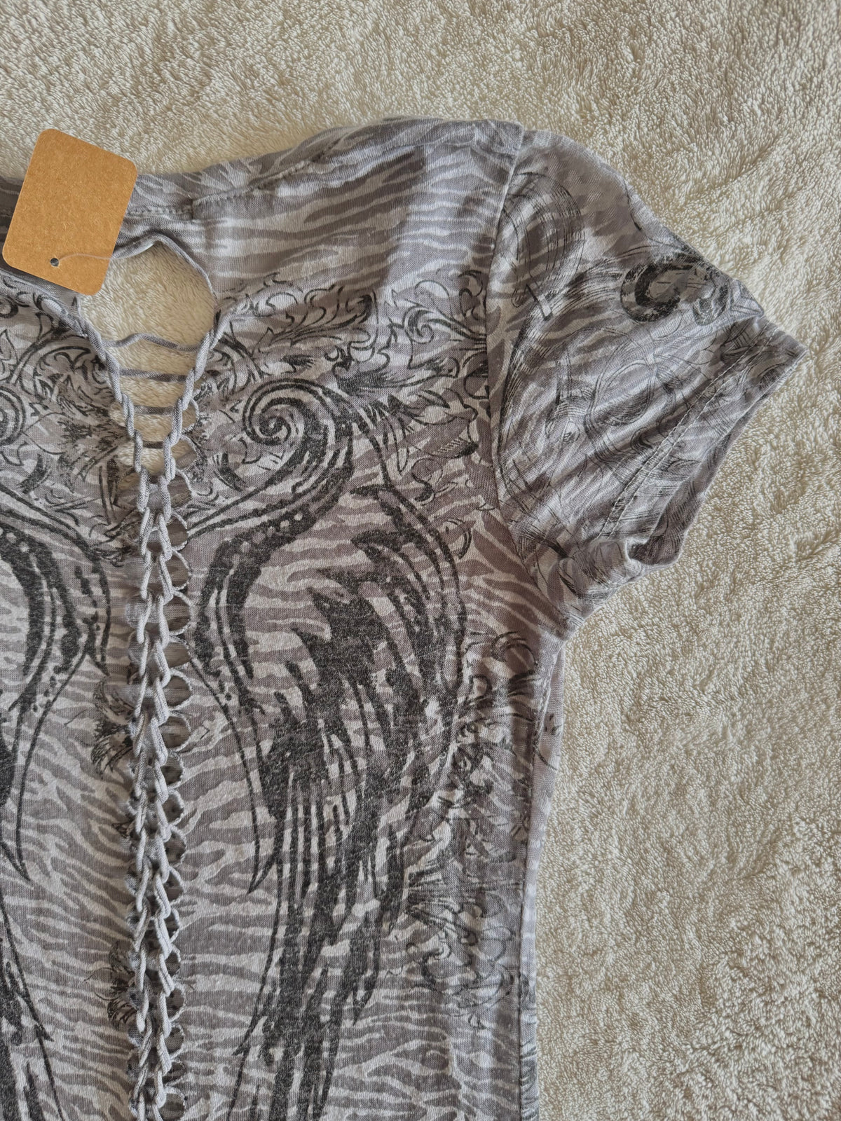 y2k vintage sheer graphic wings fitted tee with rhinestone embellishments affliction mcbling