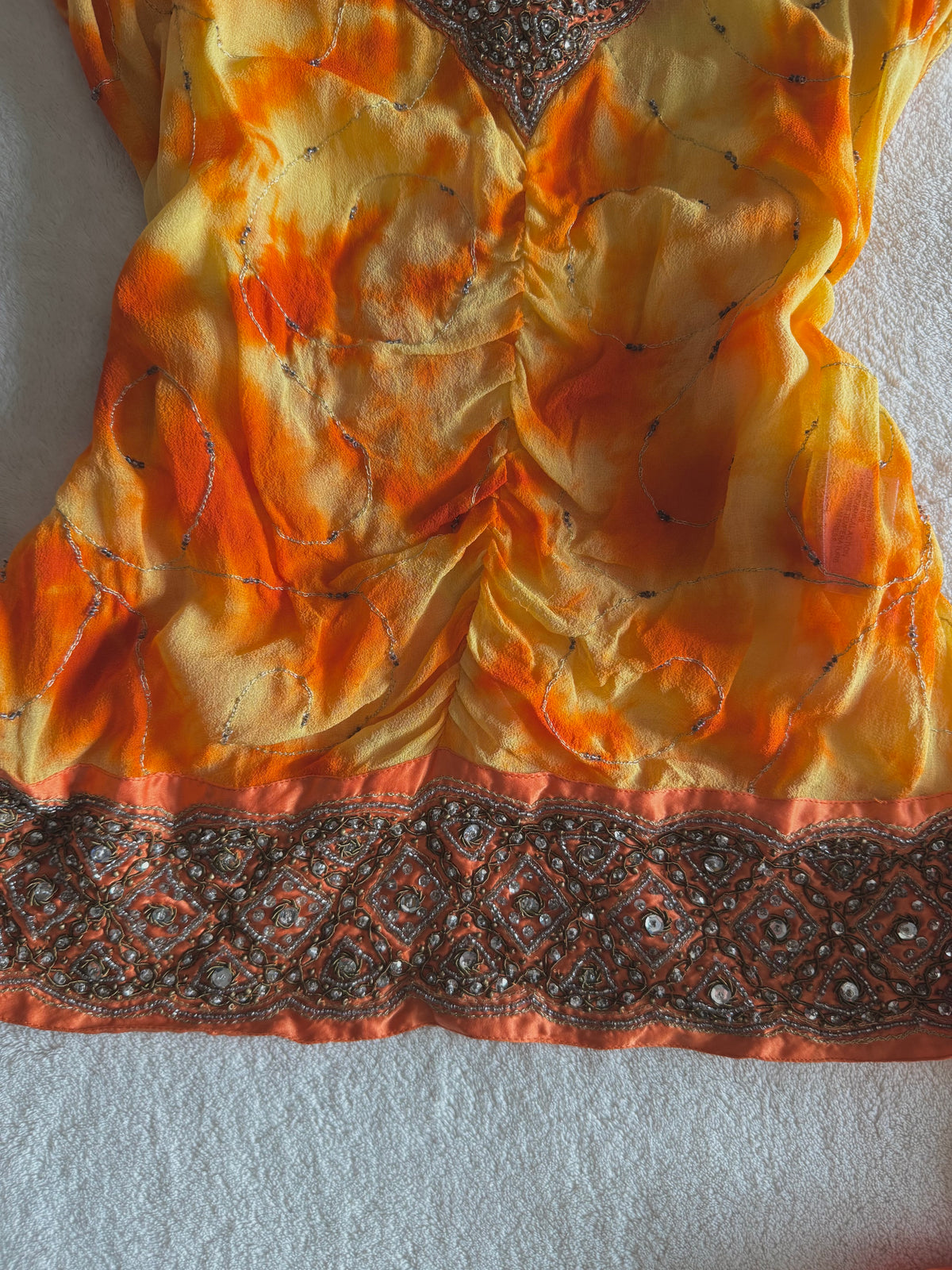 y2k vintage 2002 silk tie dye effect sequin embellished cami top warm autumnal