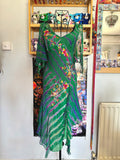 y2k vintage silk green flowy midaxi length dress with multicoloured embroidered details