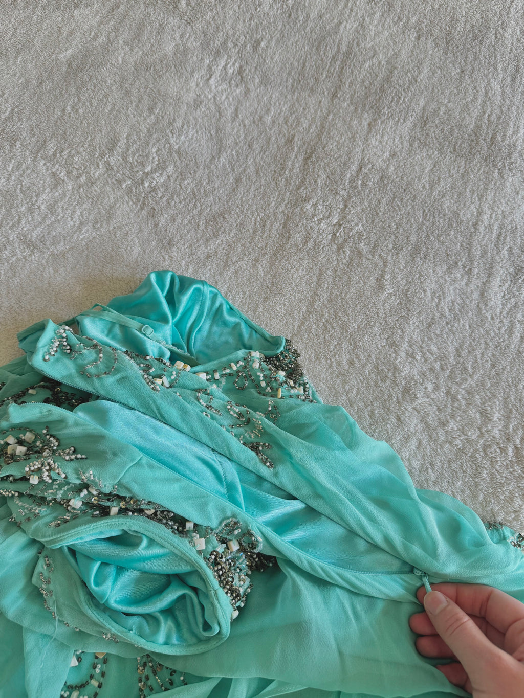 vintage 90’s turquoise blue silk heavily beaded handmade fishtail maxi dress mermaid core