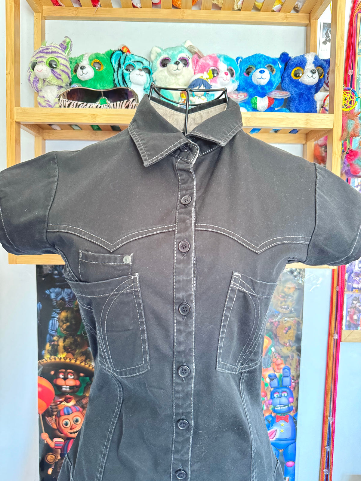 y2k vintage grungy black button up cargo utility style mini dress