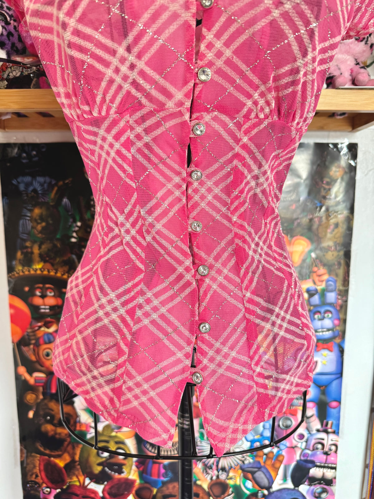y2k vintage rare hot pink plaid glittery button up sheer blouse with lace up back mcbling