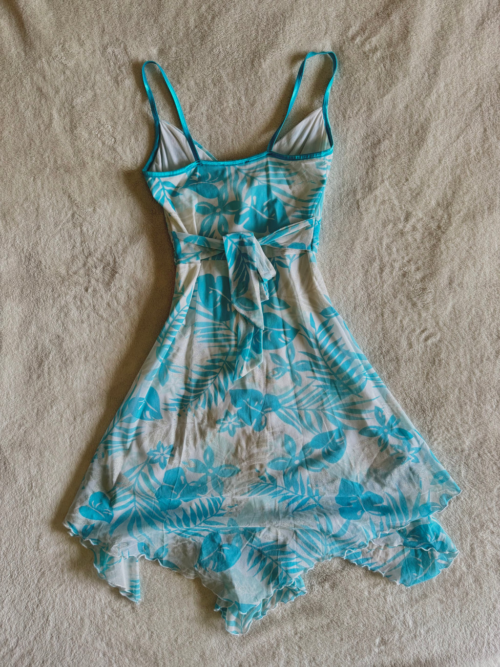 y2k vintage tie back turquoise blue mesh asymmetrical lettuce hem mini dress