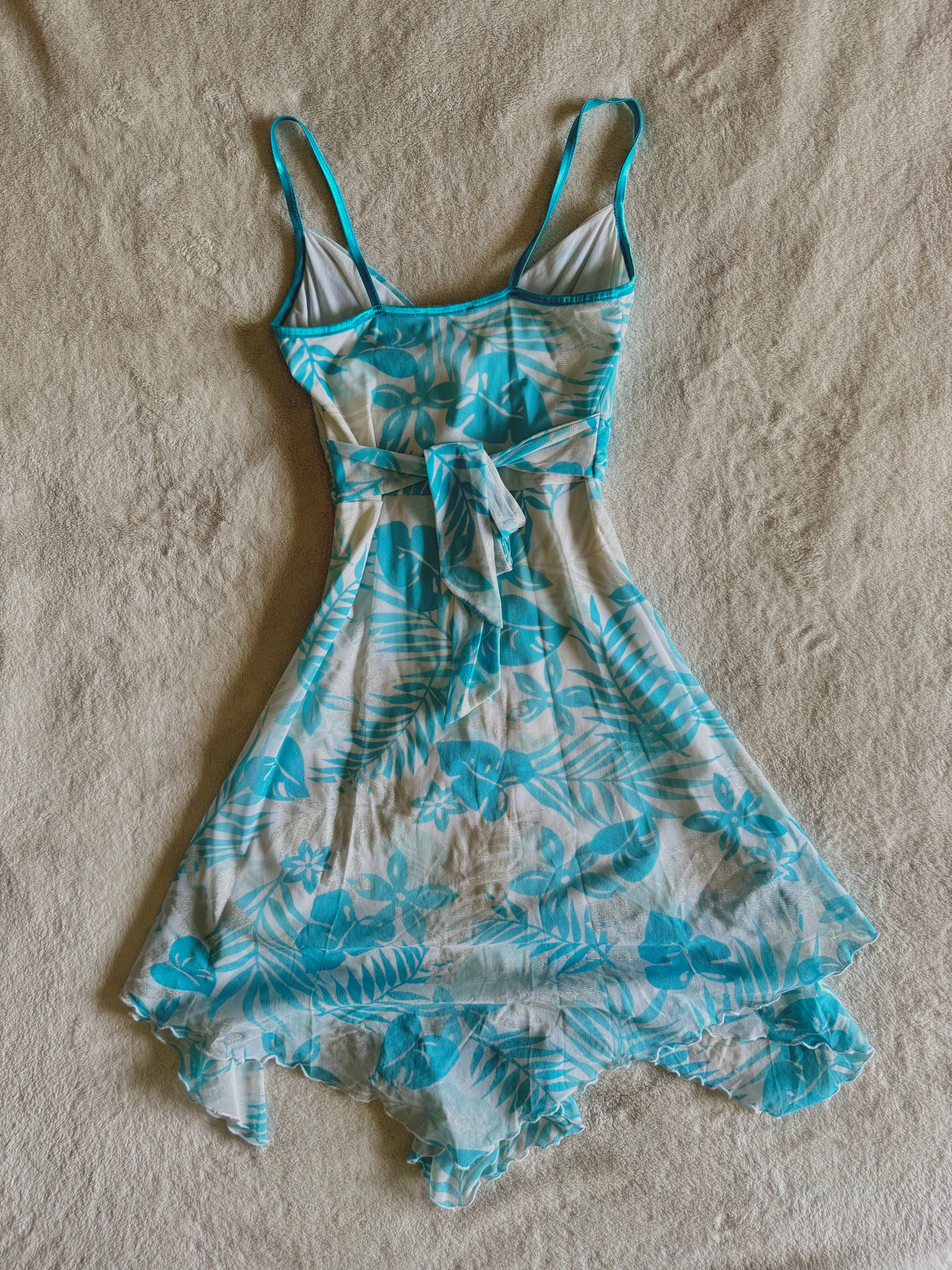 y2k vintage tie back turquoise blue mesh asymmetrical lettuce hem mini dress