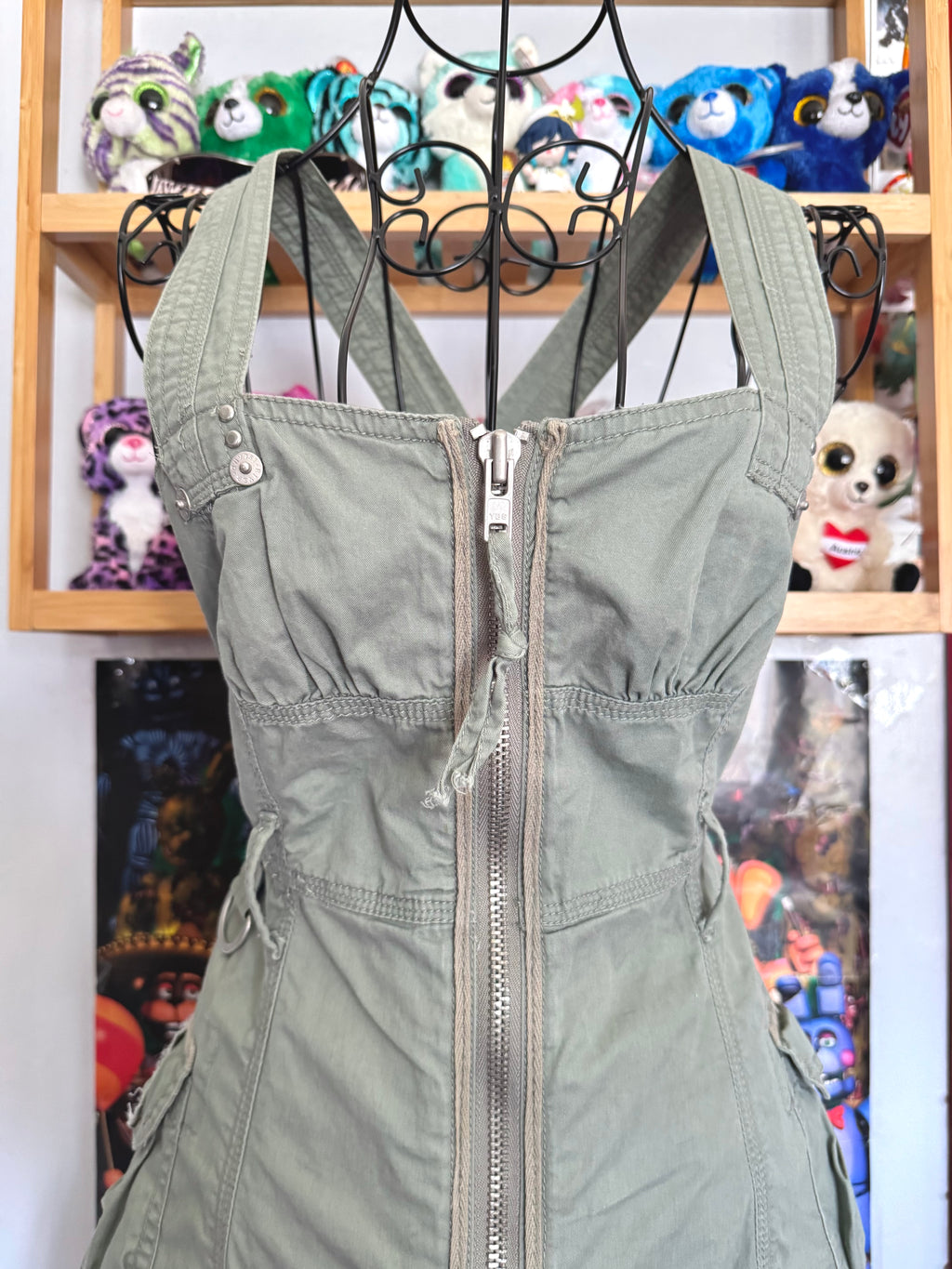 y2k vintage khaki green cargo utility mini dress streetwear grunge summer