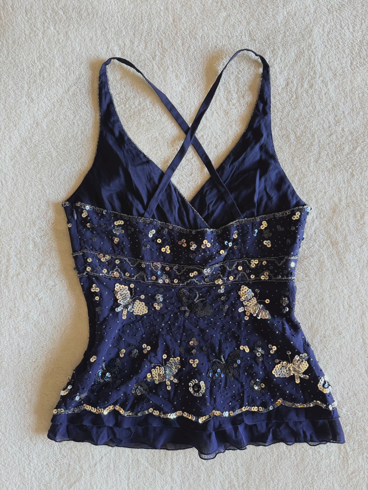 y2k vintage silk royal blue crisscross back fitted slightly cropped cami with butterfly sequins