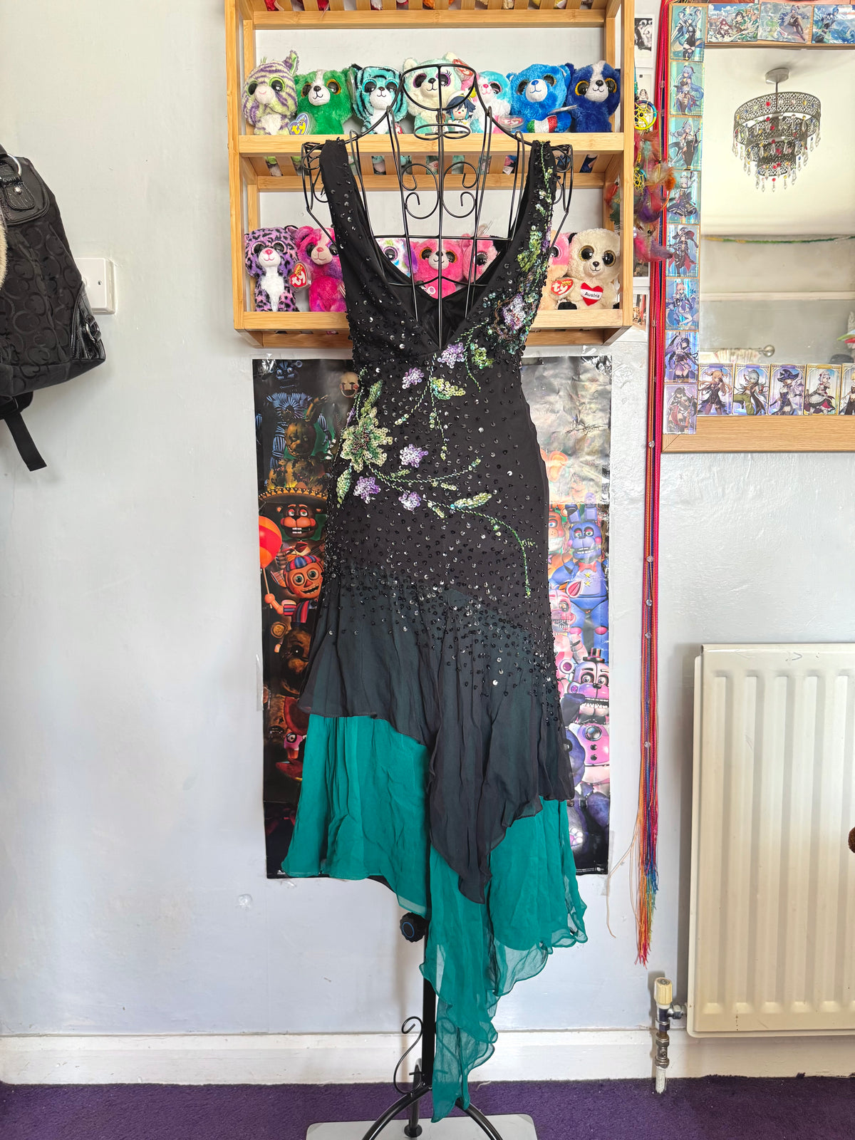 y2k vintage silk asymmetrical hem V-neck sequin embellished occasion dress