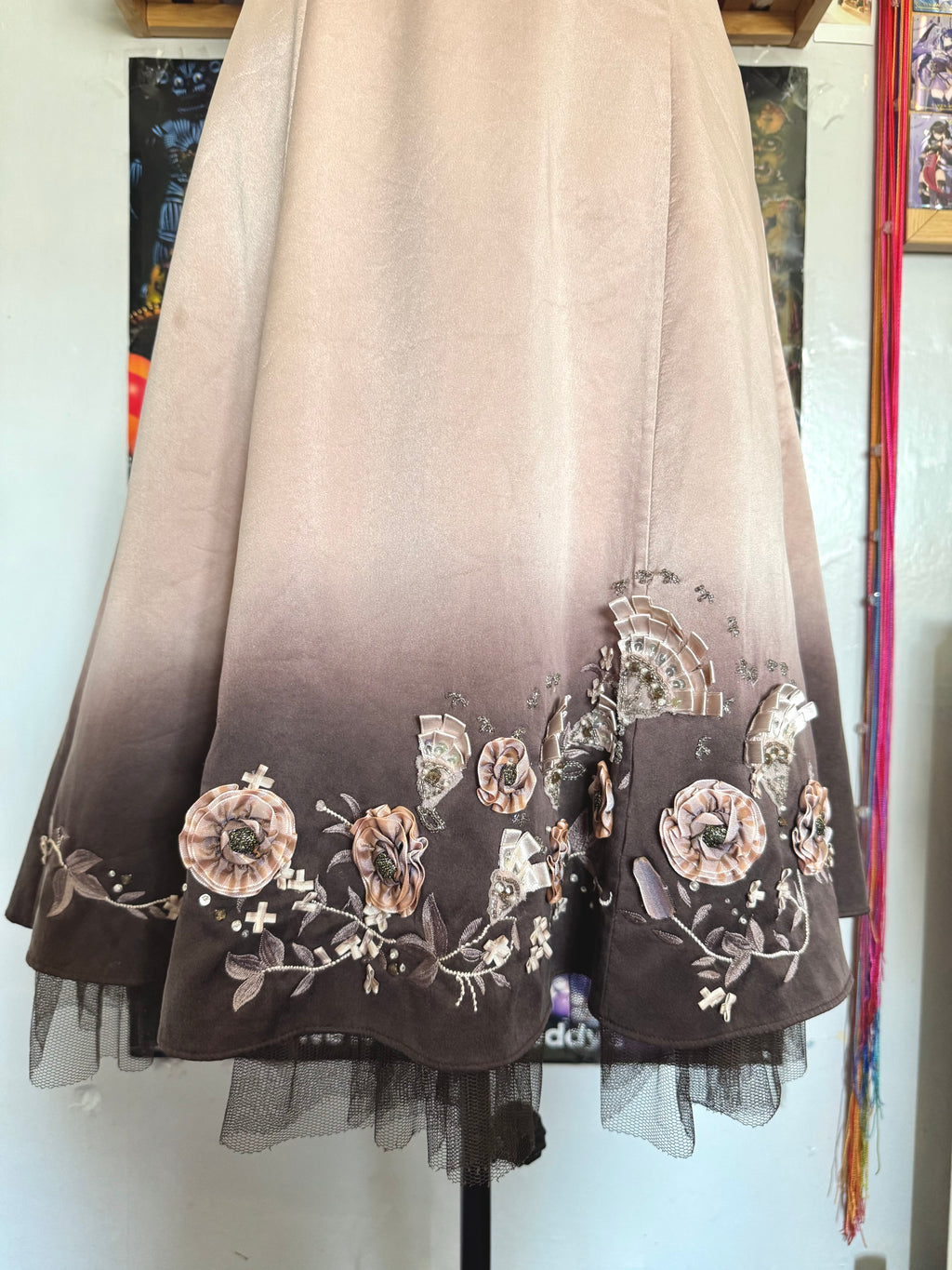 y2k vintage silk dusky pink and brown ombre fitted midi dress fit and flare with blossoms