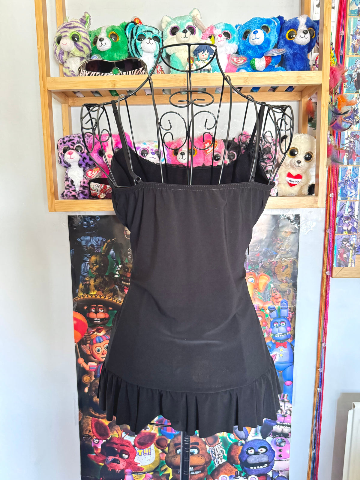 y2k vintage black mesh fitted cami top with ruffle hem and ruched milkmaid bust gothic