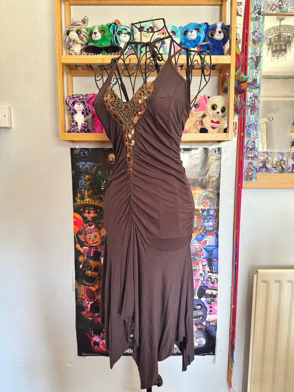 y2k vintage chocolate brown ruched asymmetrical hem midi halterneck dress with golden sequins