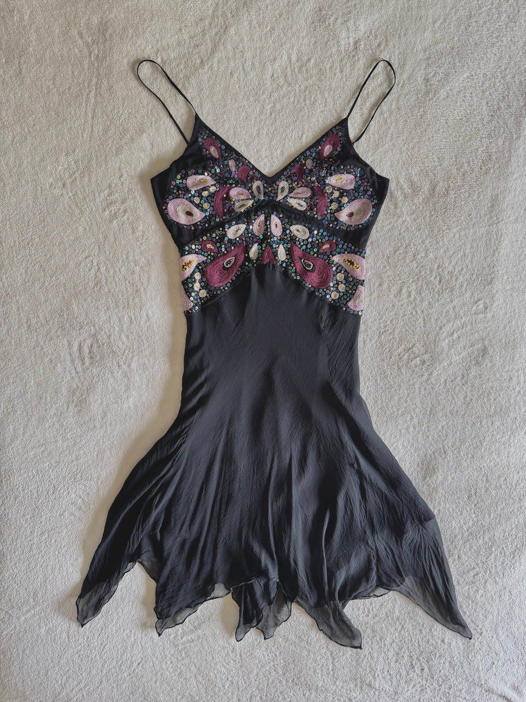 y2k vintage silk black and pink butterfly sequin embellished floaty fairy hem midaxi length dress