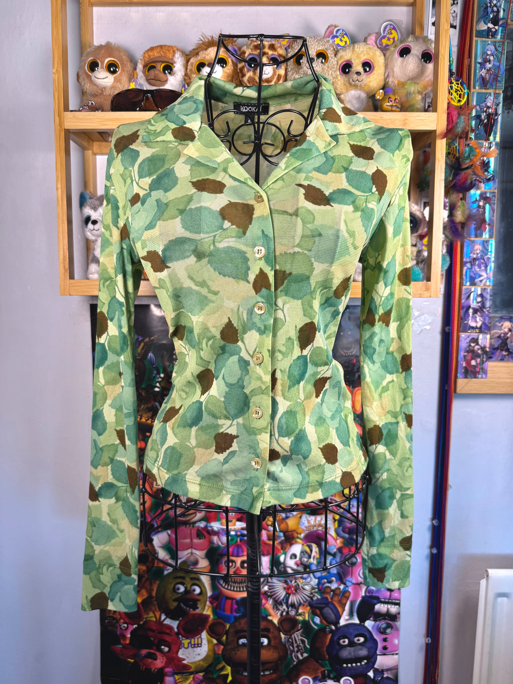 y2k vintage sheer mesh button up top with leaf print