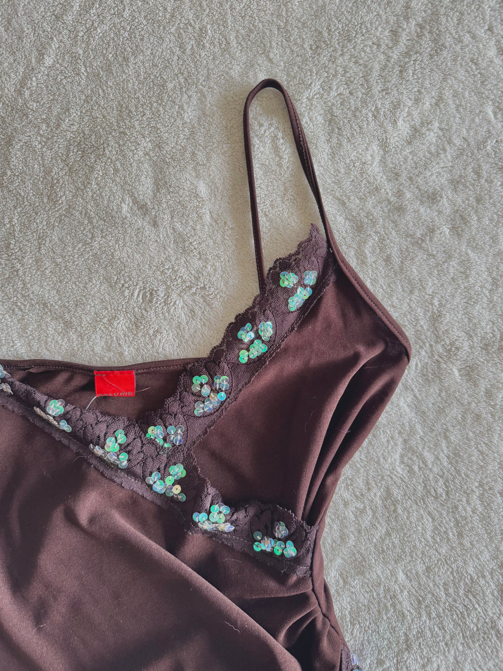 y2k vintage chocolate brown wrap style low cut sequin embellishment asymmetrical hem cami top