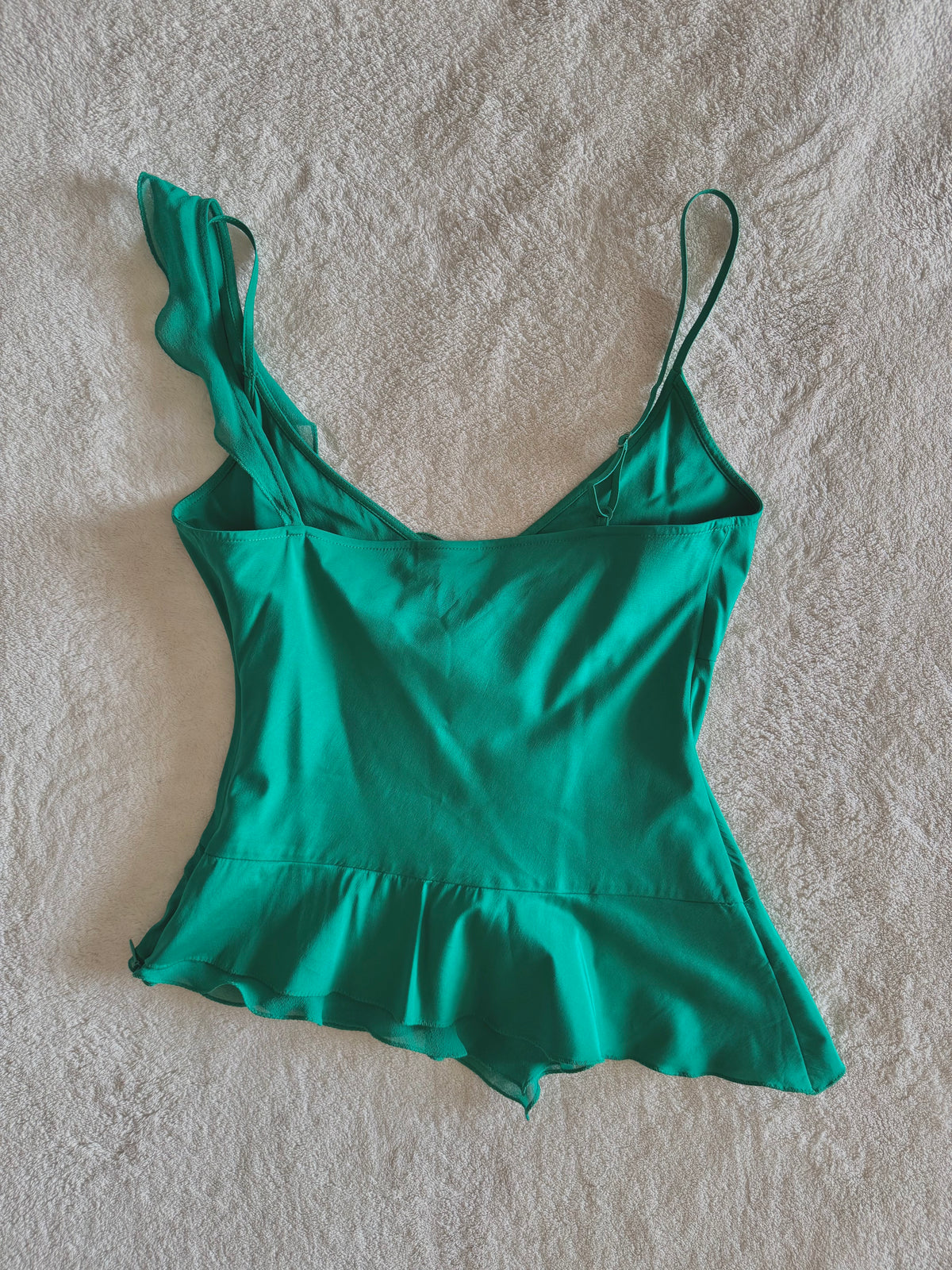 y2k vintage silk emerald green floral layered asymmetrical hem cami top