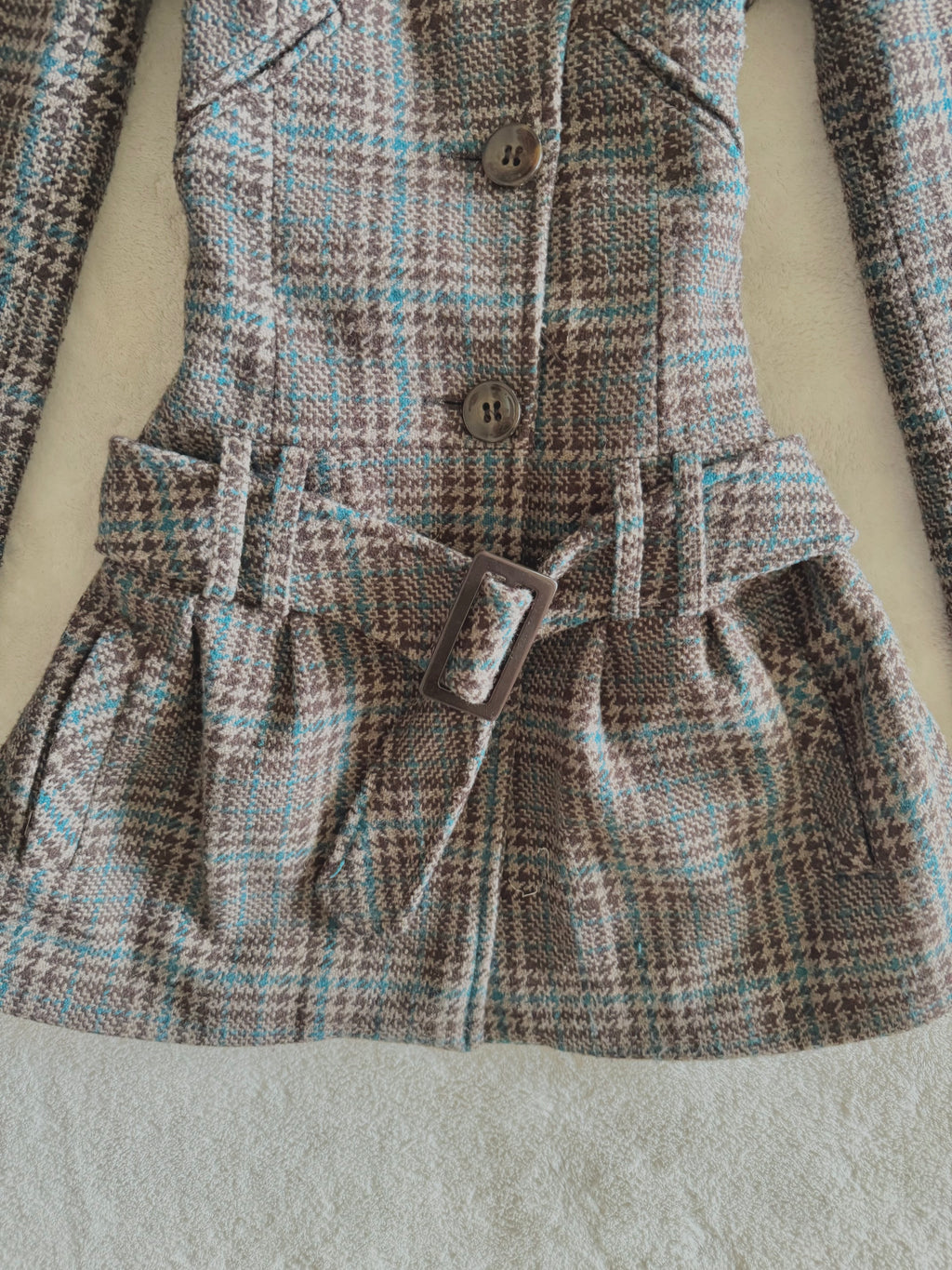 y2k vintage funnel neck plaid button up peacoat with detachable adjustable belt