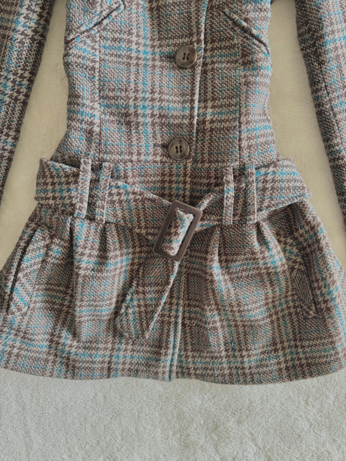 y2k vintage funnel neck plaid button up peacoat with detachable adjustable belt