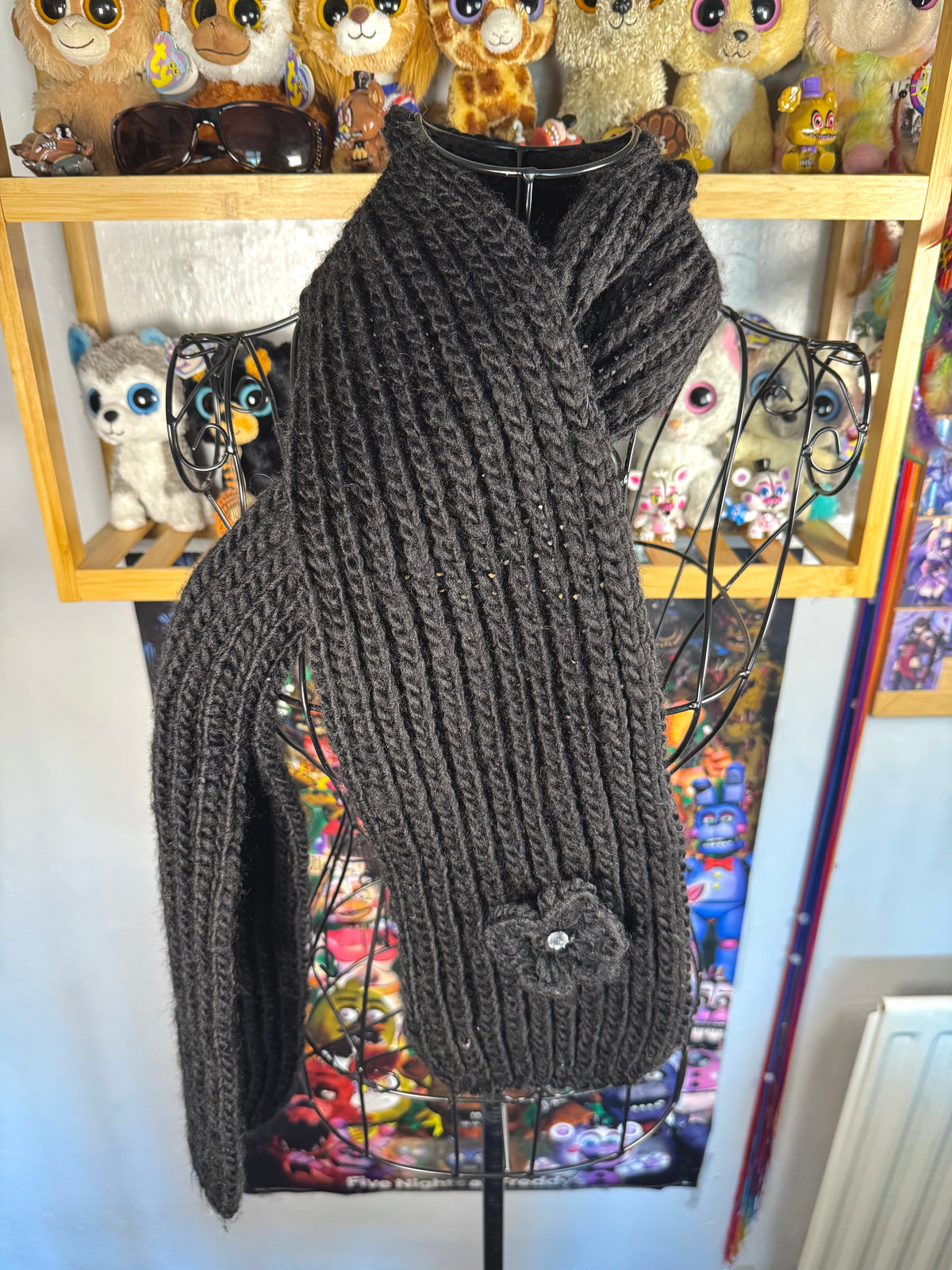 y2k vintage black knitted scarf with floral rhinestone detail