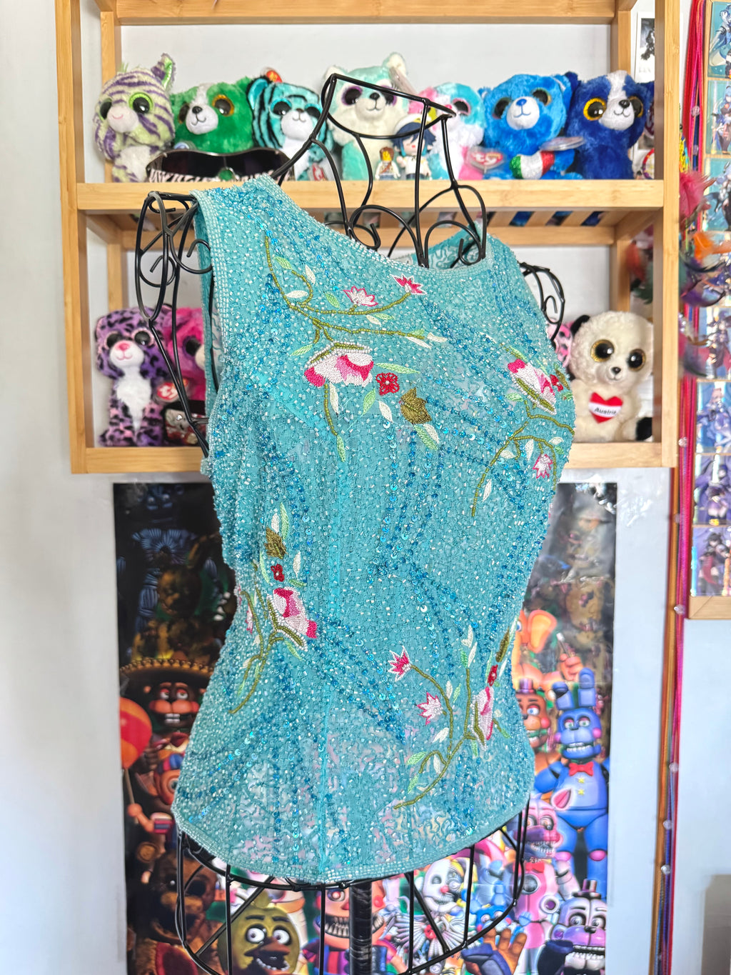 y2k vintage turquoise blue heavily beaded silk fitted vest top mermaid