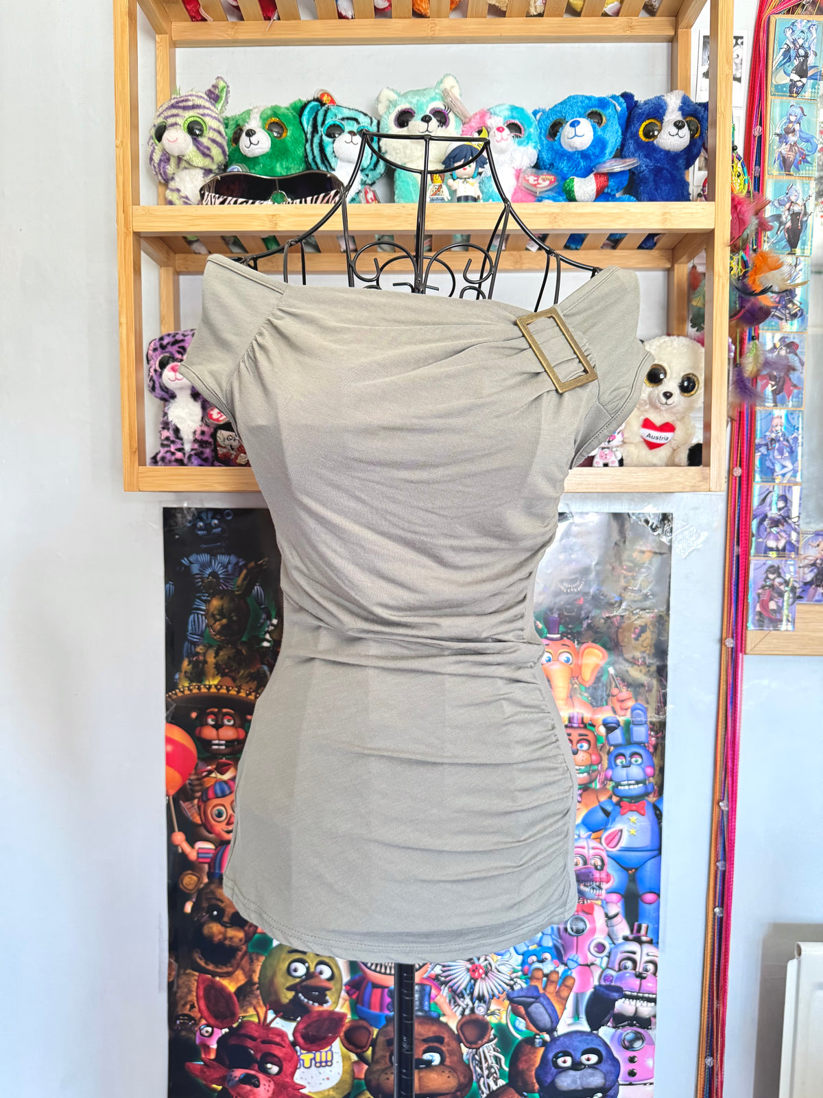 y2k vintage khaki green ruched fitted off shoulder fitted top with golden buckle detail
