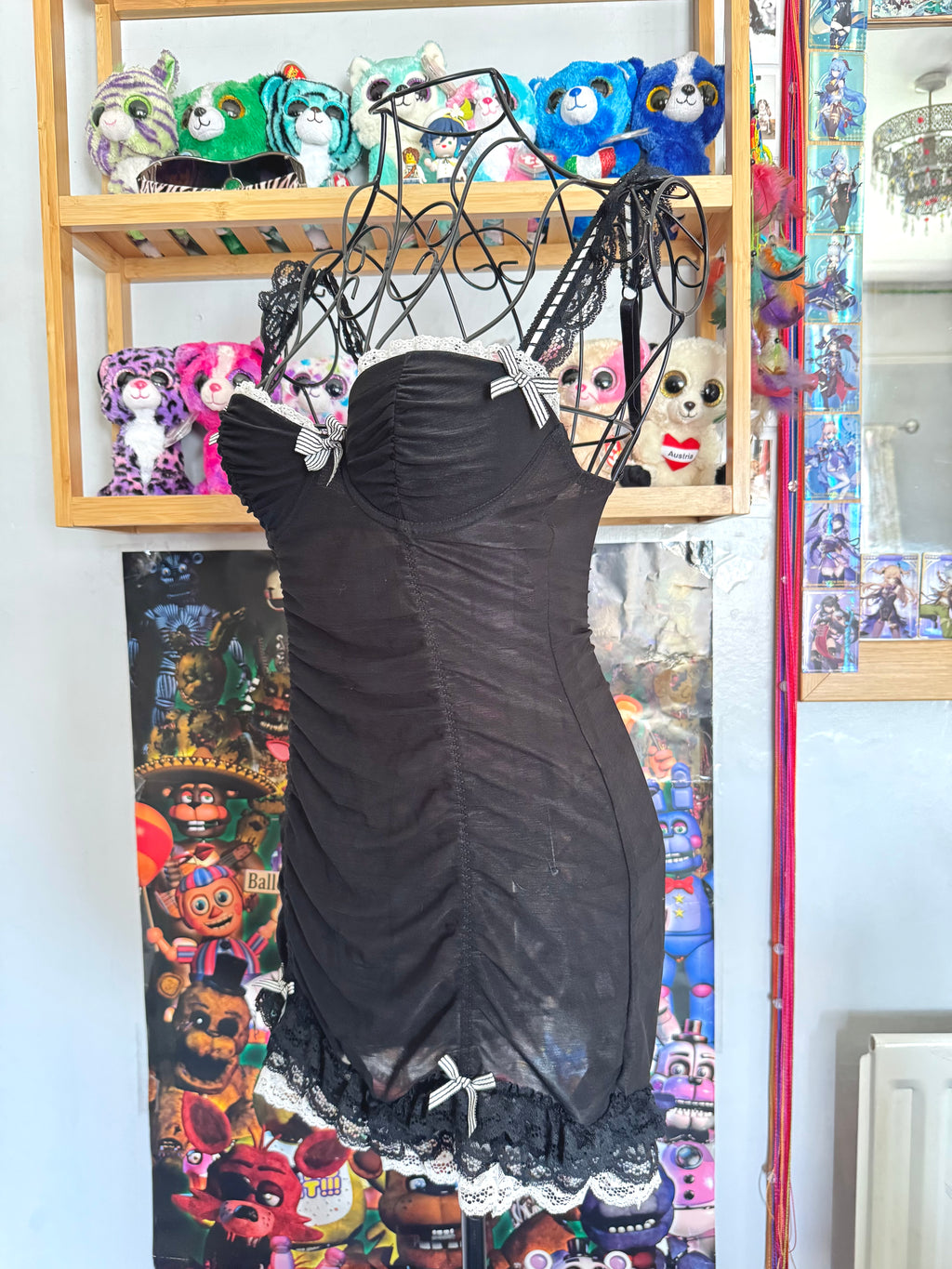 y2k vintage black ruched fitted sheer mesh babydoll top gothic