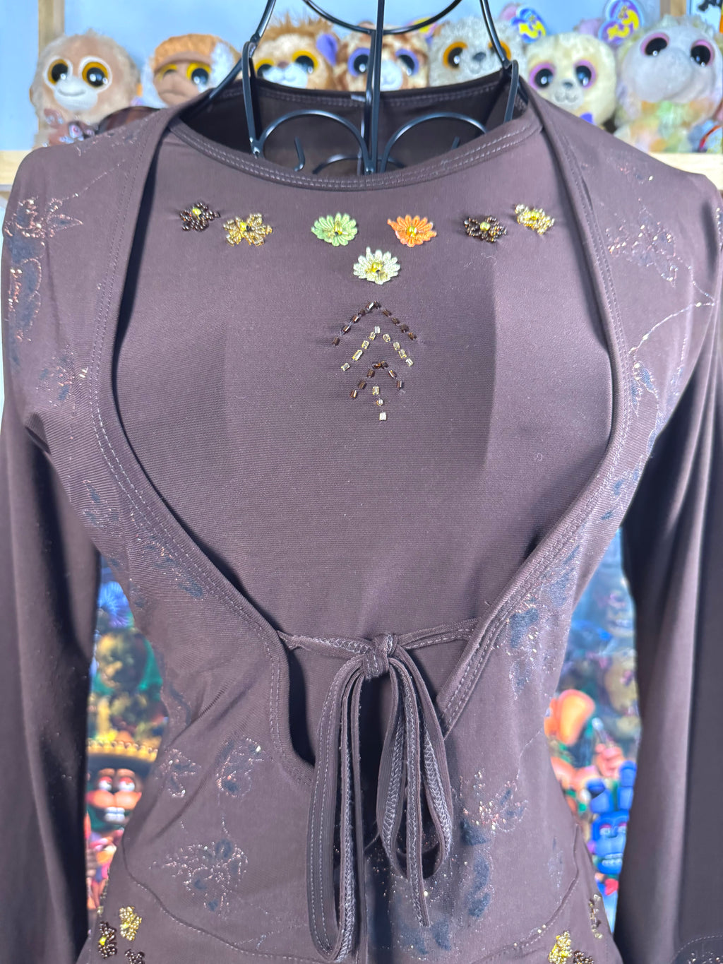 y2k vintage style brown fitted long sleeved floral layered top with ruffle tiered bottom fairycore