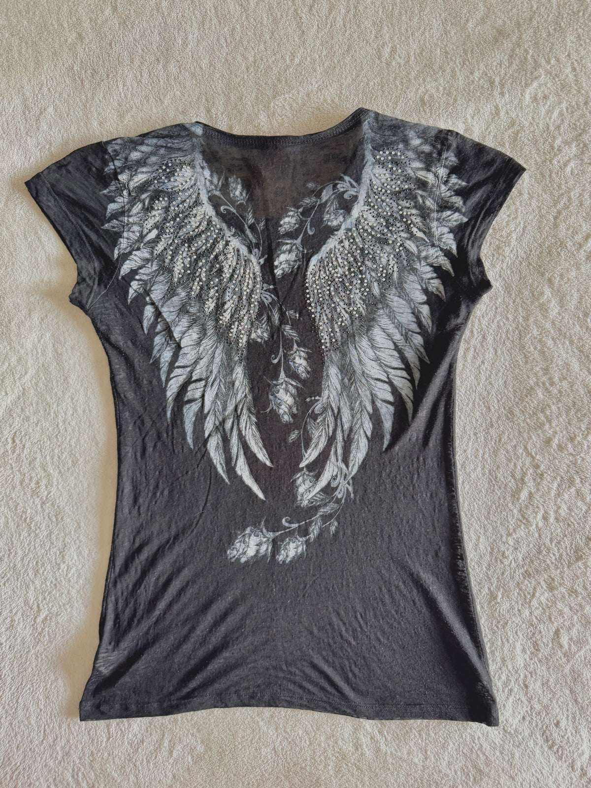 y2k vintage insane graphic angel wings print fitted sheer tee