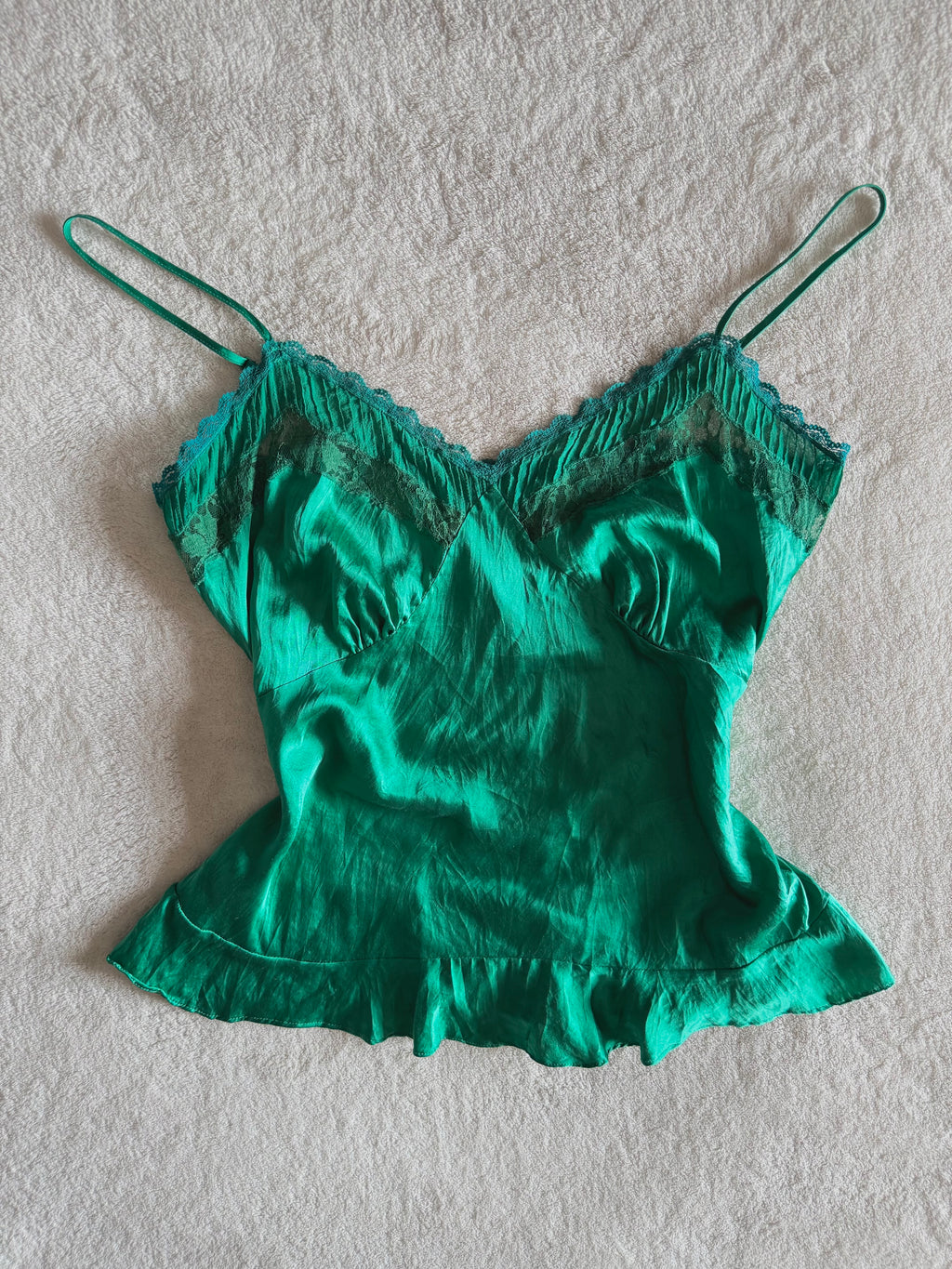 y2k vintage emerald green silk forest cami top
