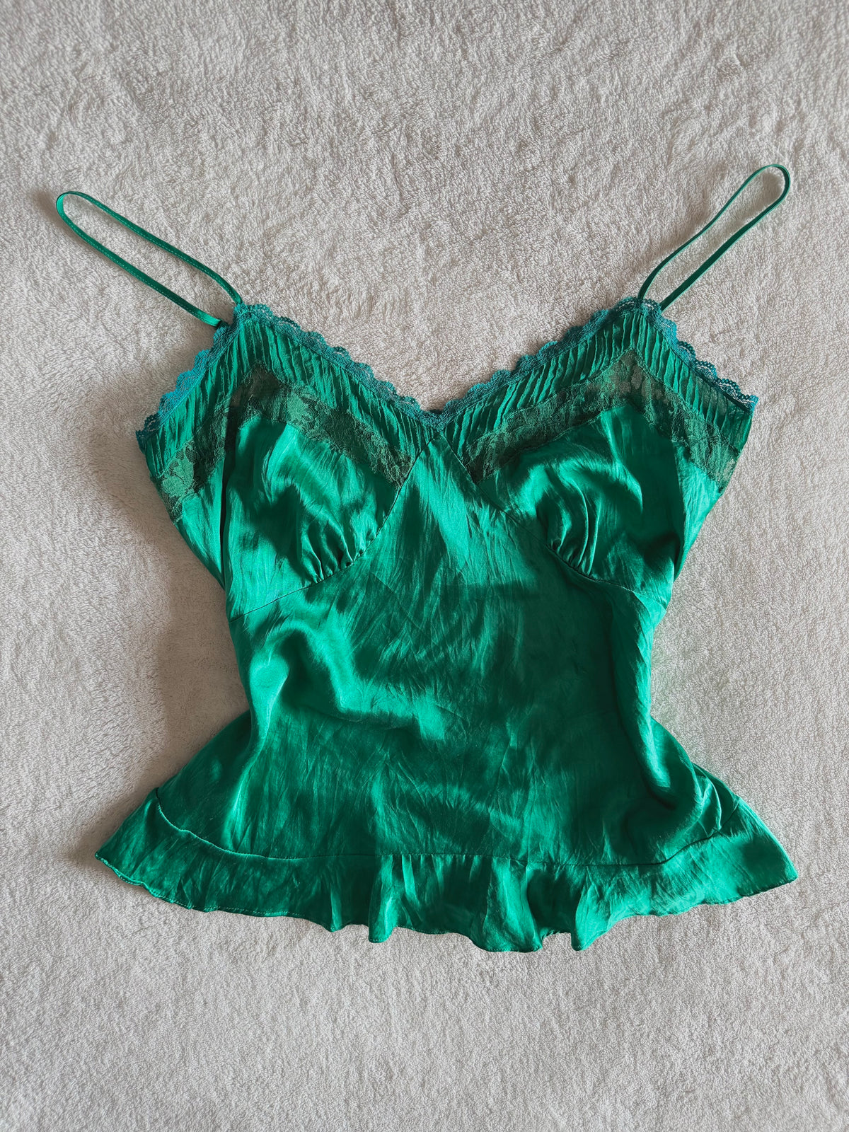 y2k vintage emerald green silk forest cami top