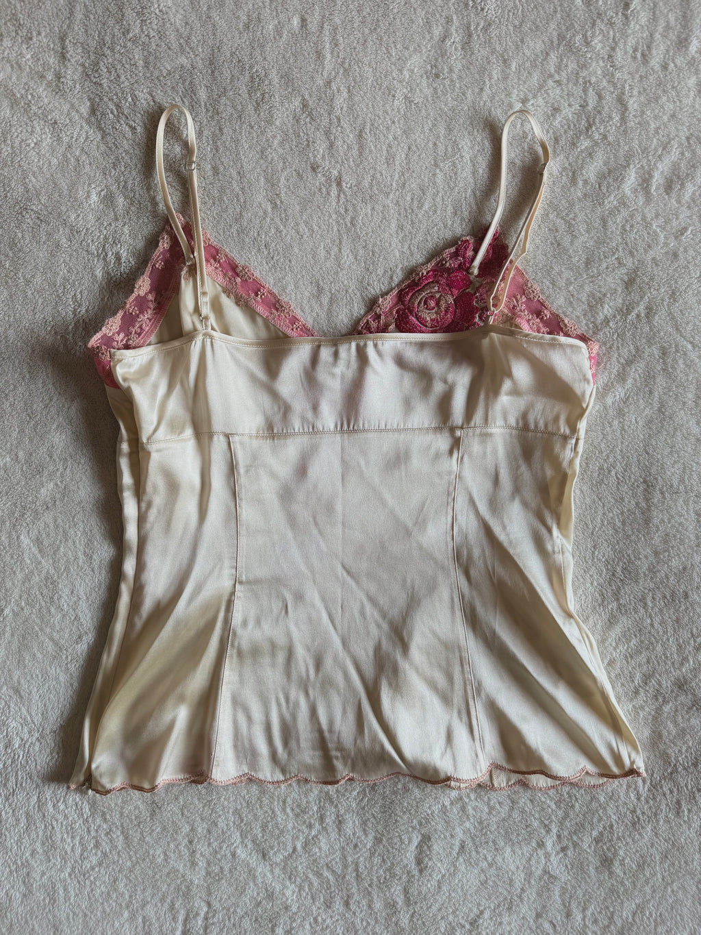 y2k vintage silk ivory white fitted cami top with pink floral embroidery