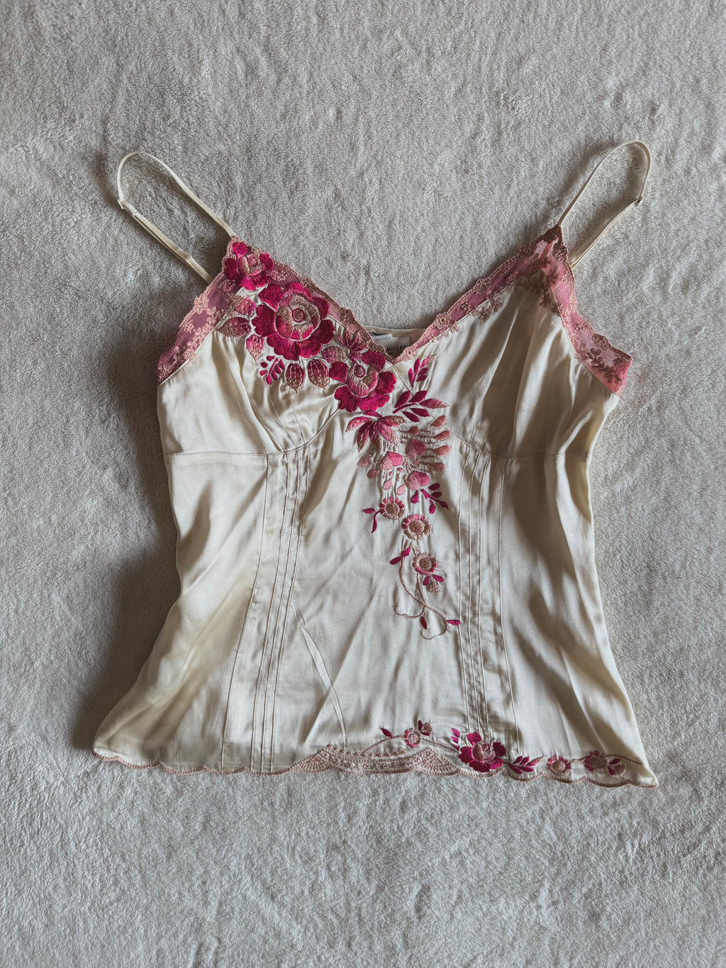 y2k vintage silk ivory white fitted cami top with pink floral embroidery