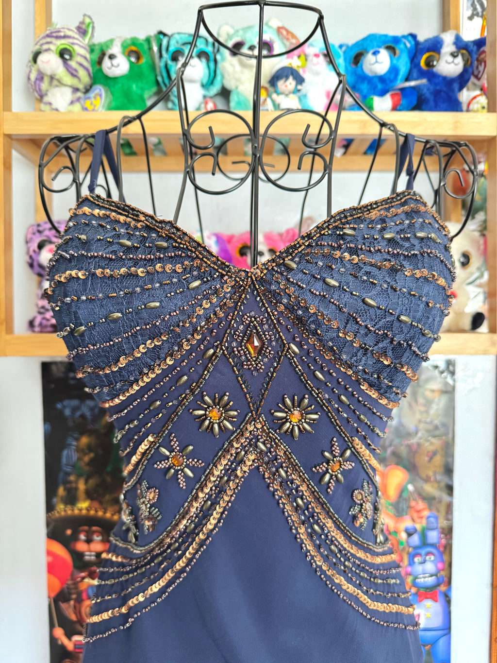 vintage 90’s royal navy blue silk dress gold and bronze beading embellishments astrology astronomy