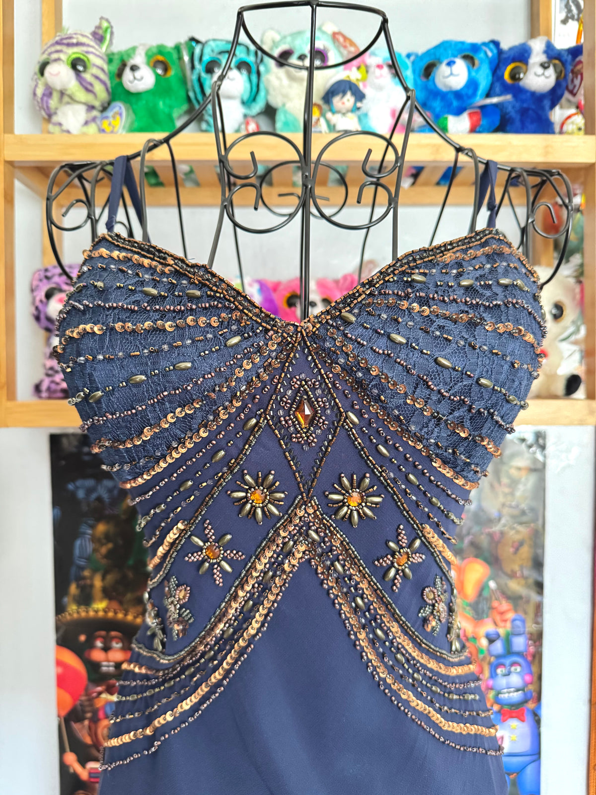vintage 90’s royal navy blue silk dress gold and bronze beading embellishments astrology astronomy