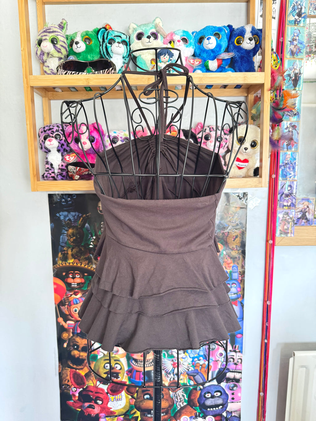 y2k vintage chocolate brown ruffle tiered mini skirt or floaty halter top fairycore