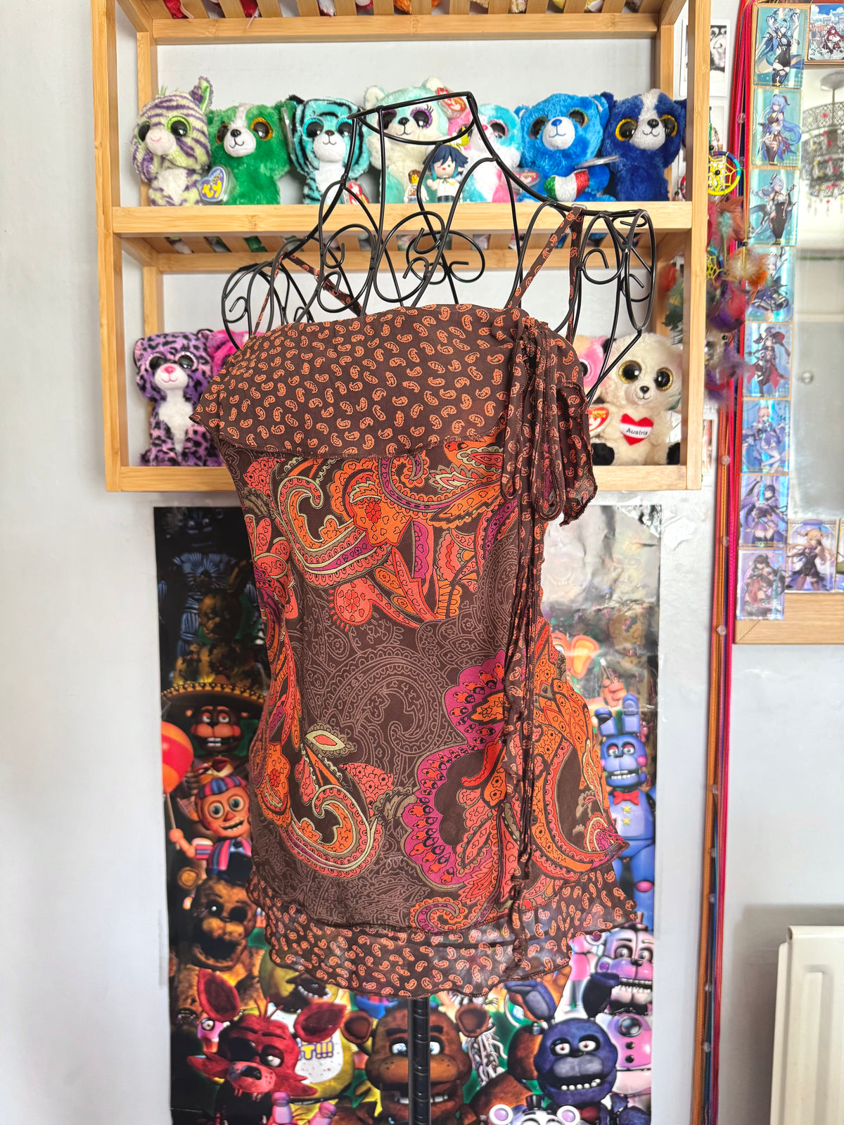 y2k vintage fitted brown and orange paisley print cami top