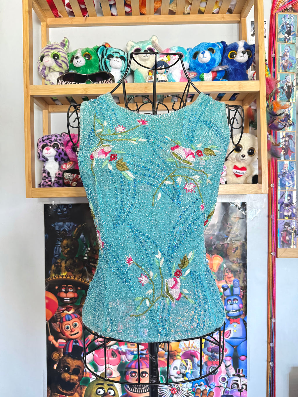 y2k vintage turquoise blue heavily beaded silk fitted vest top mermaid