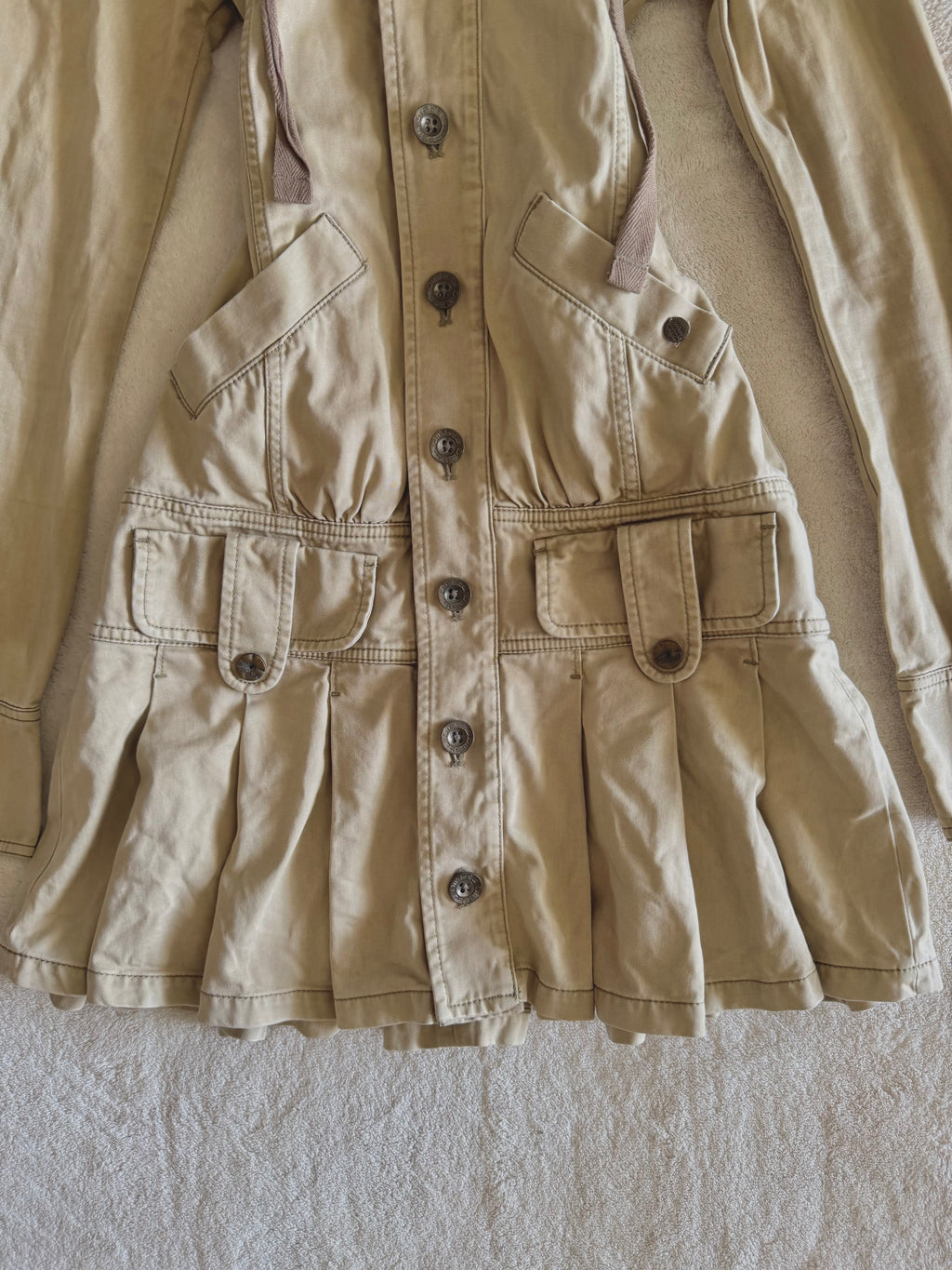 y2k vintage fitted button up archival hooded pleated trench coat archival drawstring