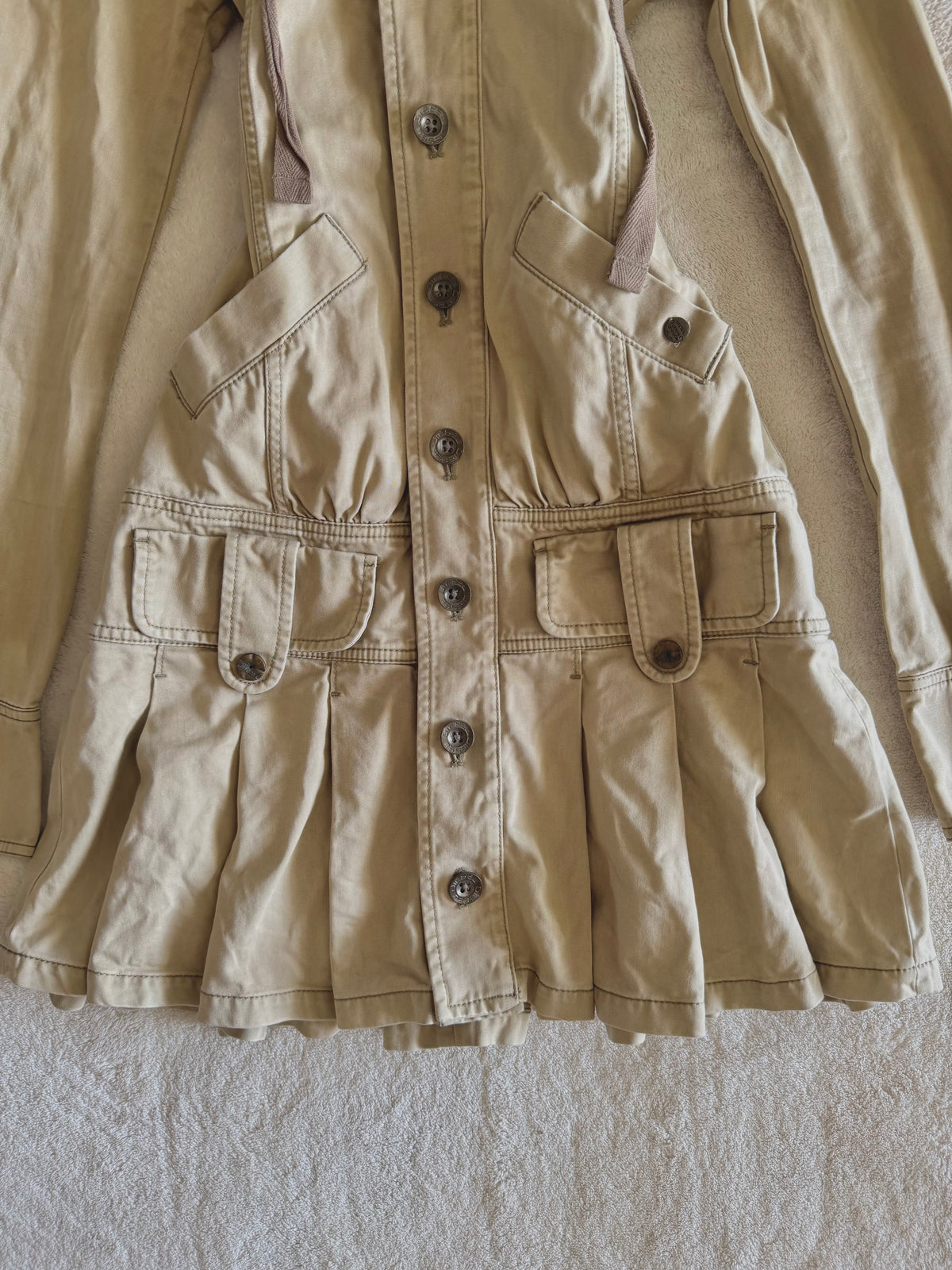 y2k vintage fitted button up archival hooded pleated trench coat archival drawstring